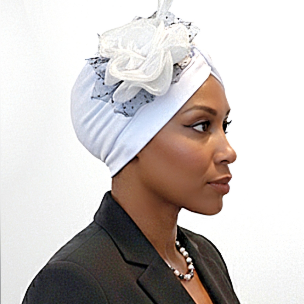 Black White Turban with Floral and Feather Accents High Fashion Chemo Alopecia